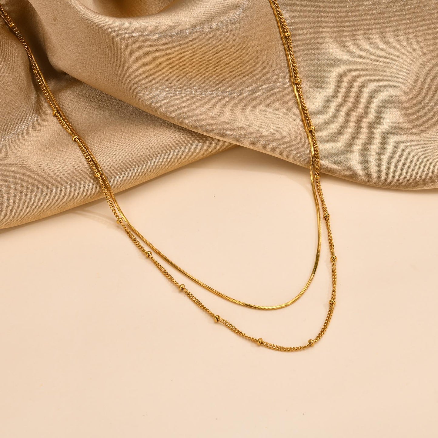 Double Layer Herringbone & Beaded Chain Necklace - Stainless Steel Stackable Choker for Women, Waterproof Minimalist Jewelry