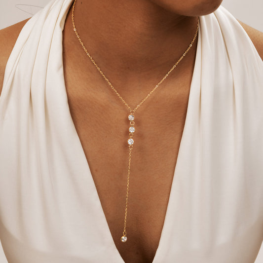 18K Gold Plated Y-Necklace with CZ Crystals - Dainty Stainless Steel Lariat Chain for Women