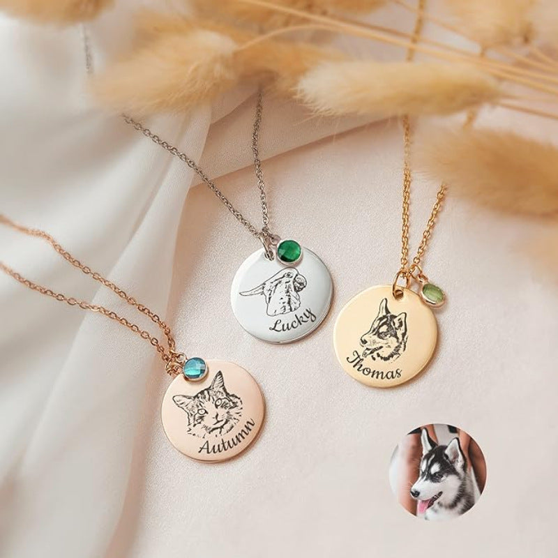 Personalized Pet Portrait Birthstone Name Necklace
