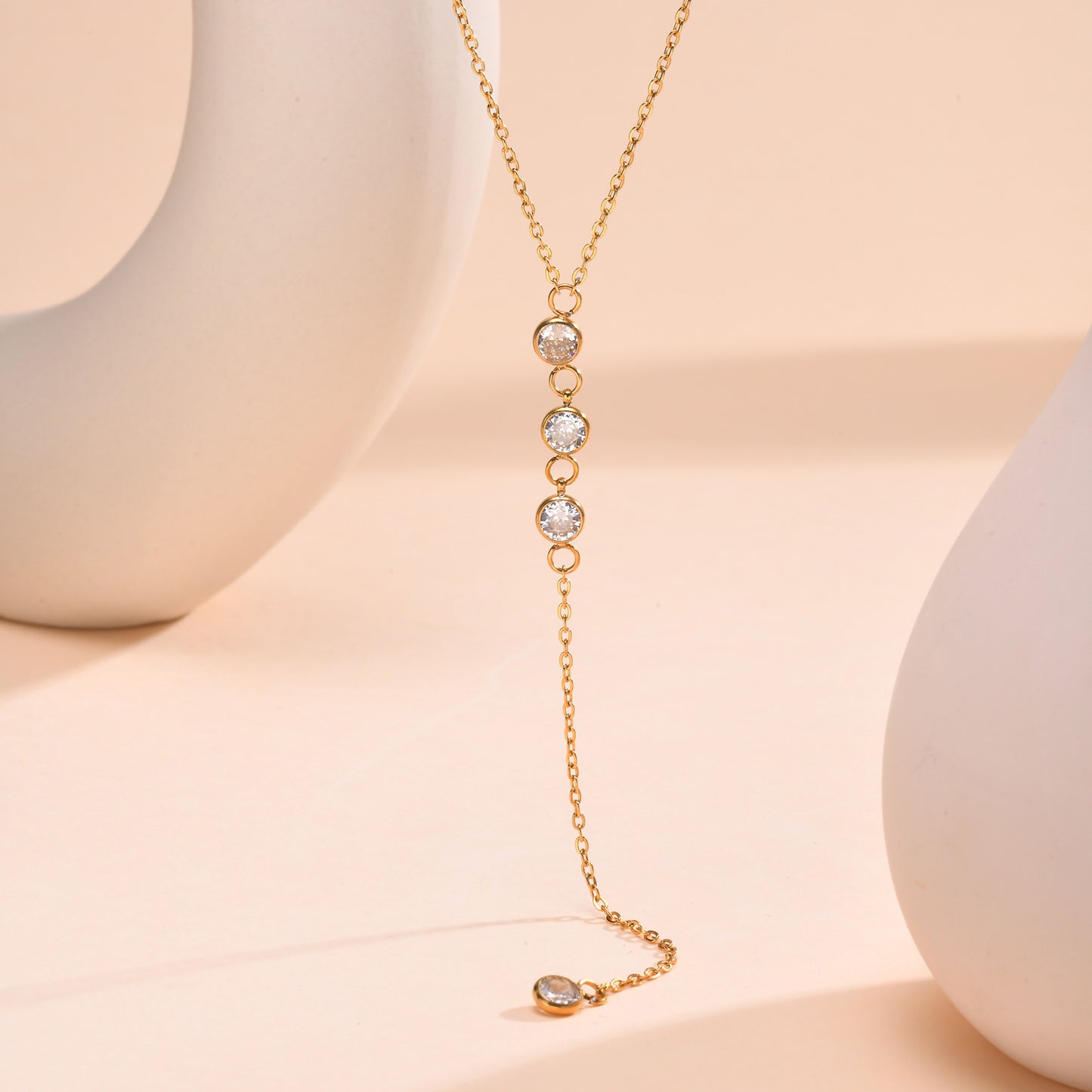18K Gold Plated Y-Necklace with CZ Crystals - Dainty Stainless Steel Lariat Chain for Women