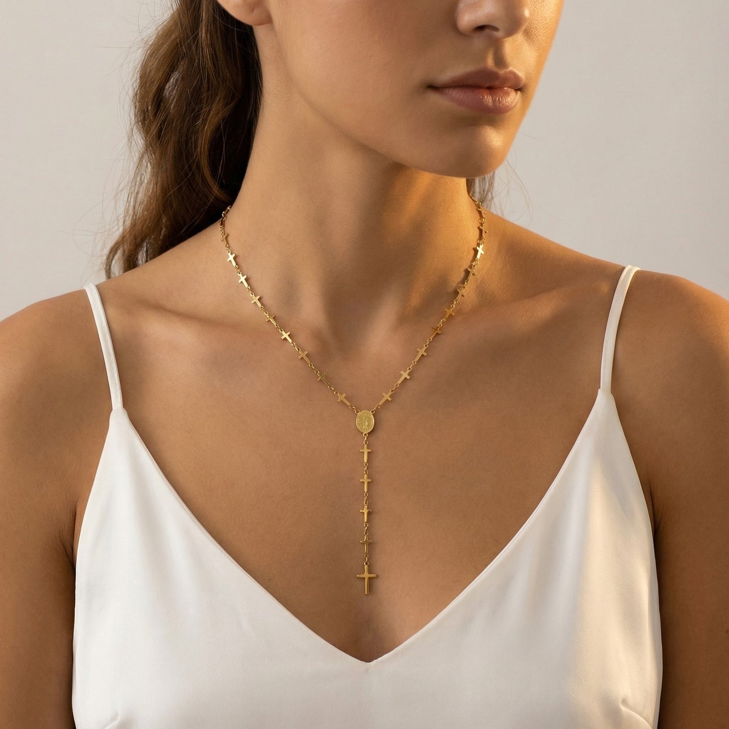 18K Gold Plated Cross Y Necklace | Dainty Stainless Steel Chain for Everyday Wear
