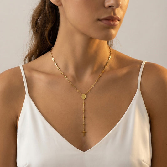 18K Gold Plated Cross Y Necklace | Dainty Stainless Steel Chain for Everyday Wear