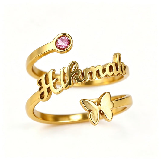 Butterfly Birthstone Name Ring