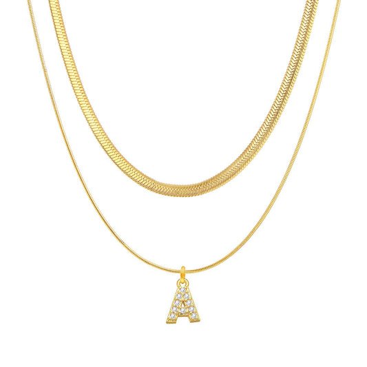 Double Layer Herringbone Necklace -Personalized Initial Herringbone Pendant