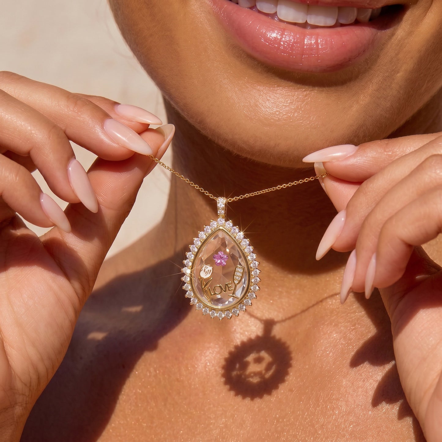 Crystal Frame Locket Necklace – DIY Copper Pendant with Rhinestone & Charms