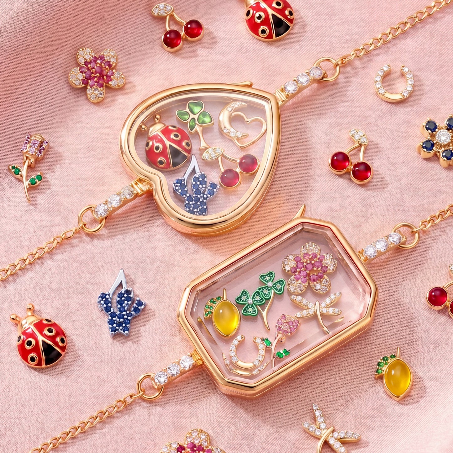 DIY Crystal Frame Bracelet – Detachable Copper Zirconia Border Pendant in Rectangle, Heart & Round