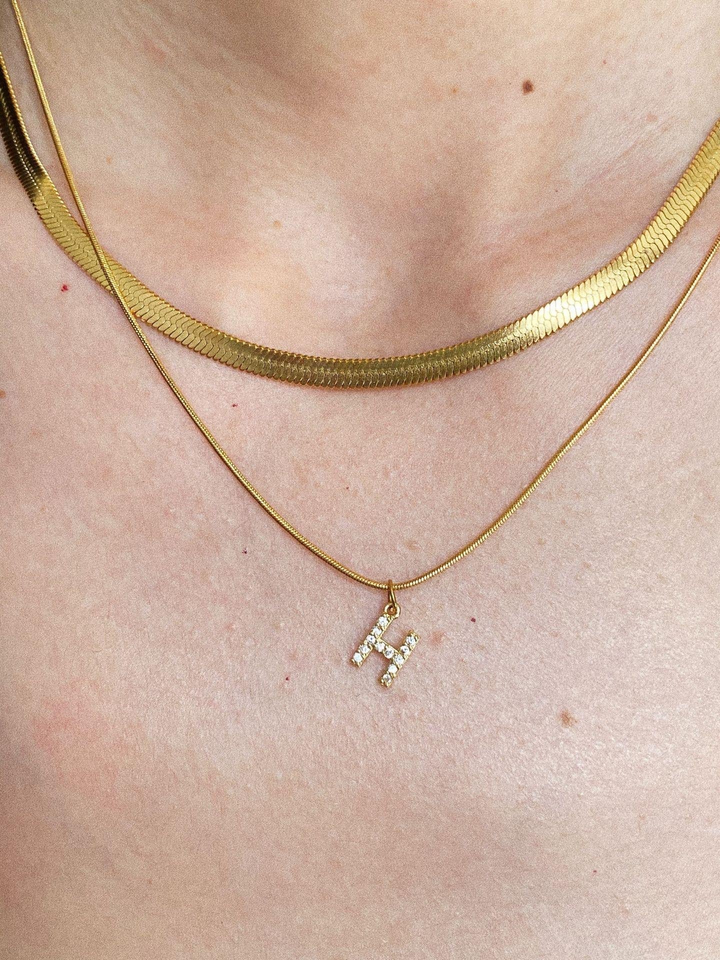 Double Layer Herringbone Necklace -Personalized Initial Herringbone Pendant