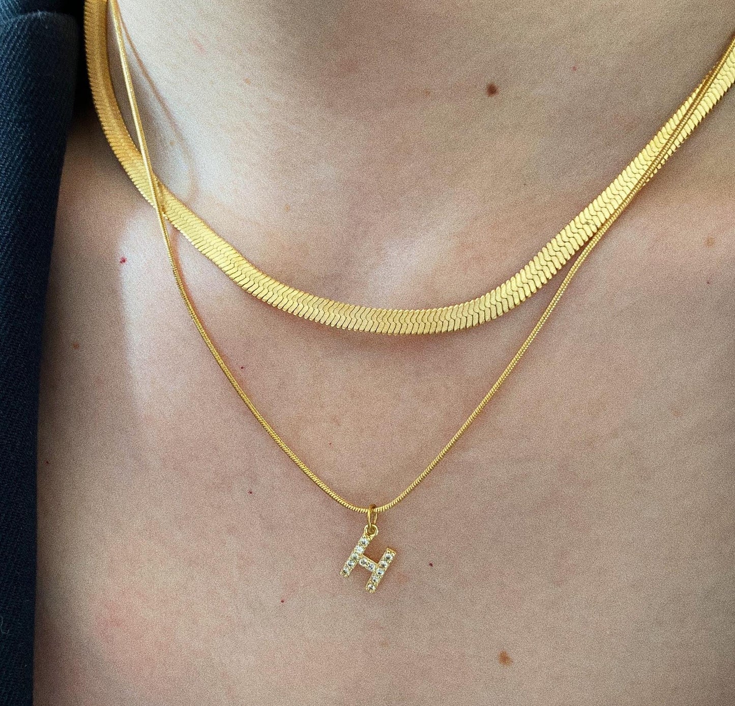 Double Layer Herringbone Necklace -Personalized Initial Herringbone Pendant