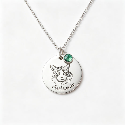 Personalized Pet Portrait  Birthstone Name Necklace