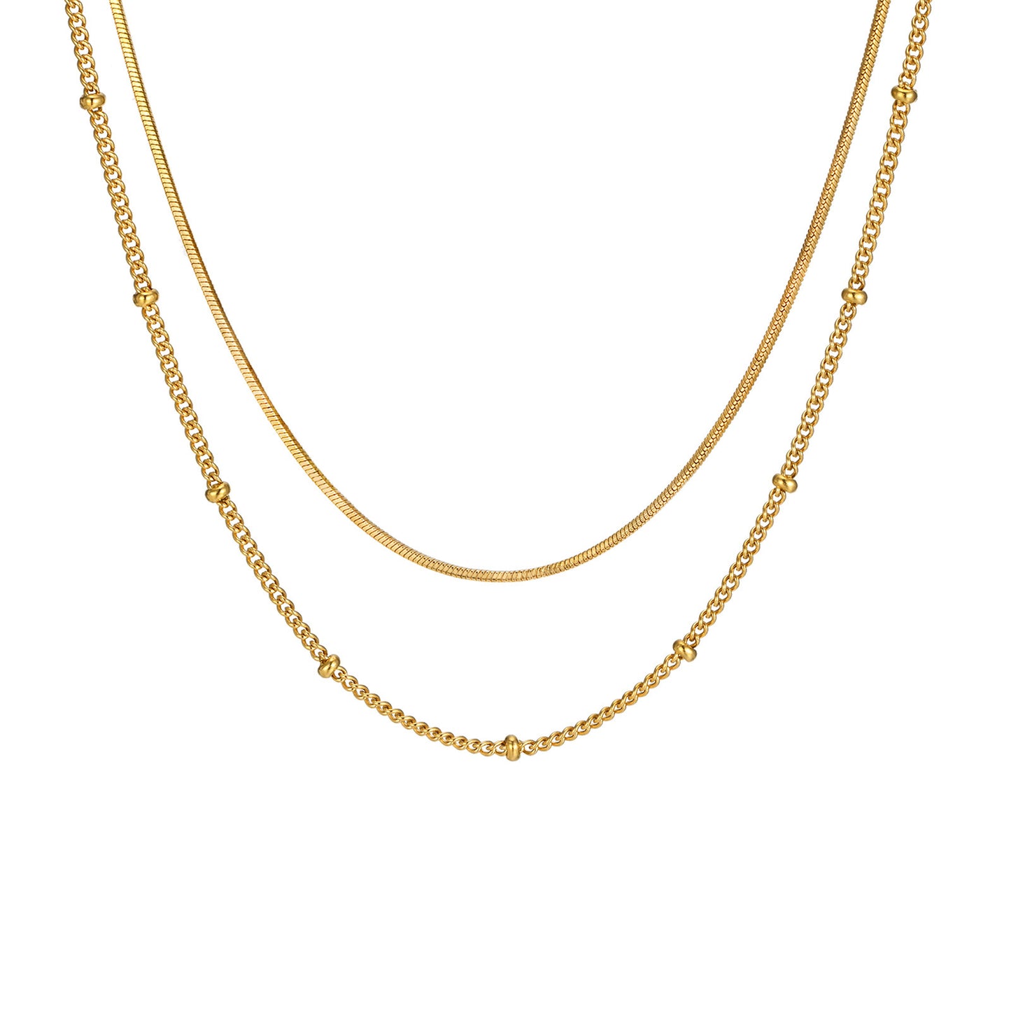 Double Layer Herringbone & Beaded Chain Necklace - Stainless Steel Stackable Choker for Women, Waterproof Minimalist Jewelry