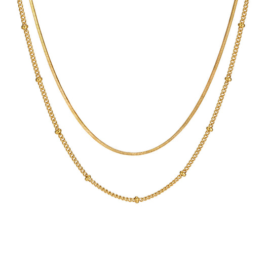 Double Layer Herringbone & Beaded Chain Necklace - Stainless Steel Stackable Choker for Women, Waterproof Minimalist Jewelry