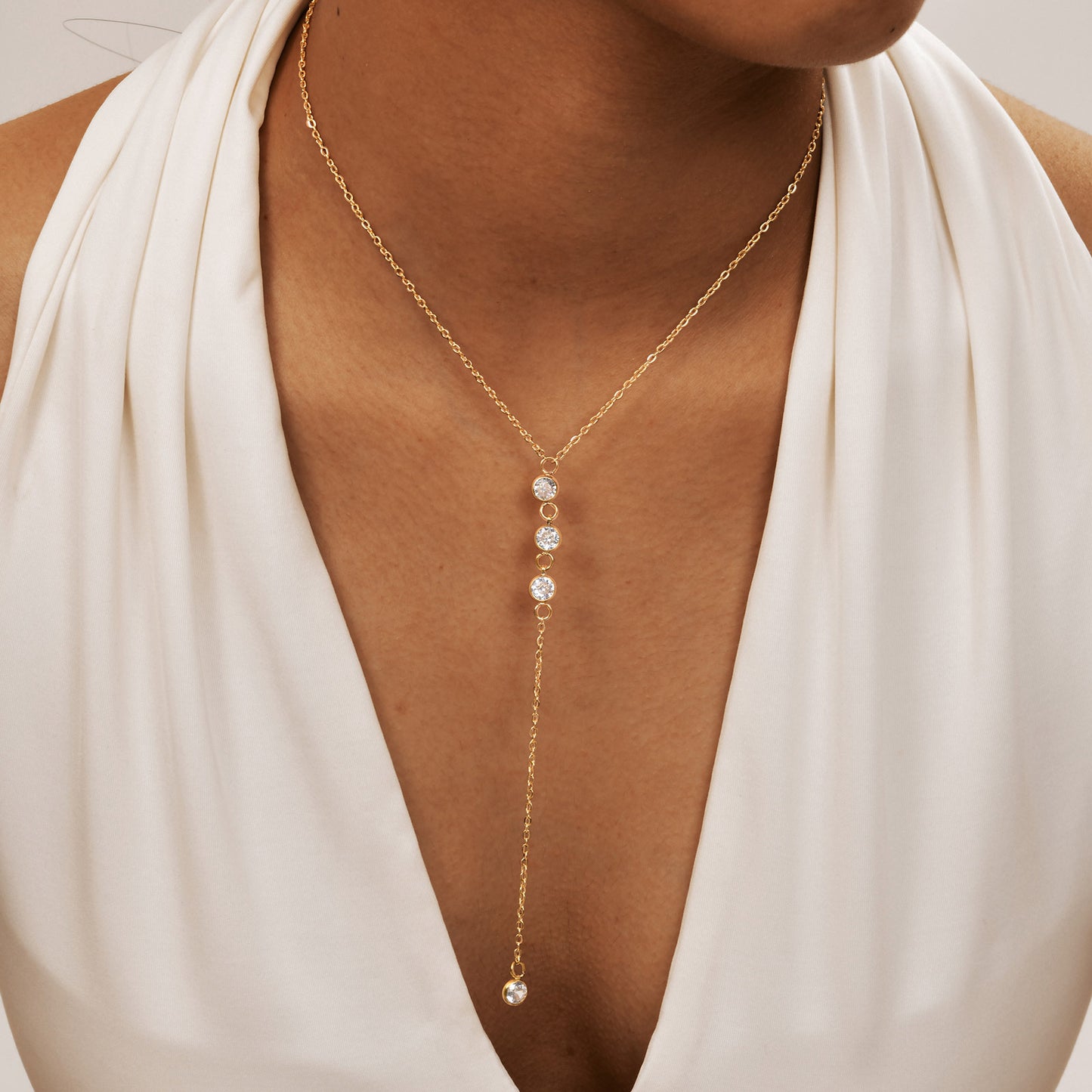 18K Gold Plated Y-Necklace with CZ Crystals - Dainty Stainless Steel Lariat Chain for Women