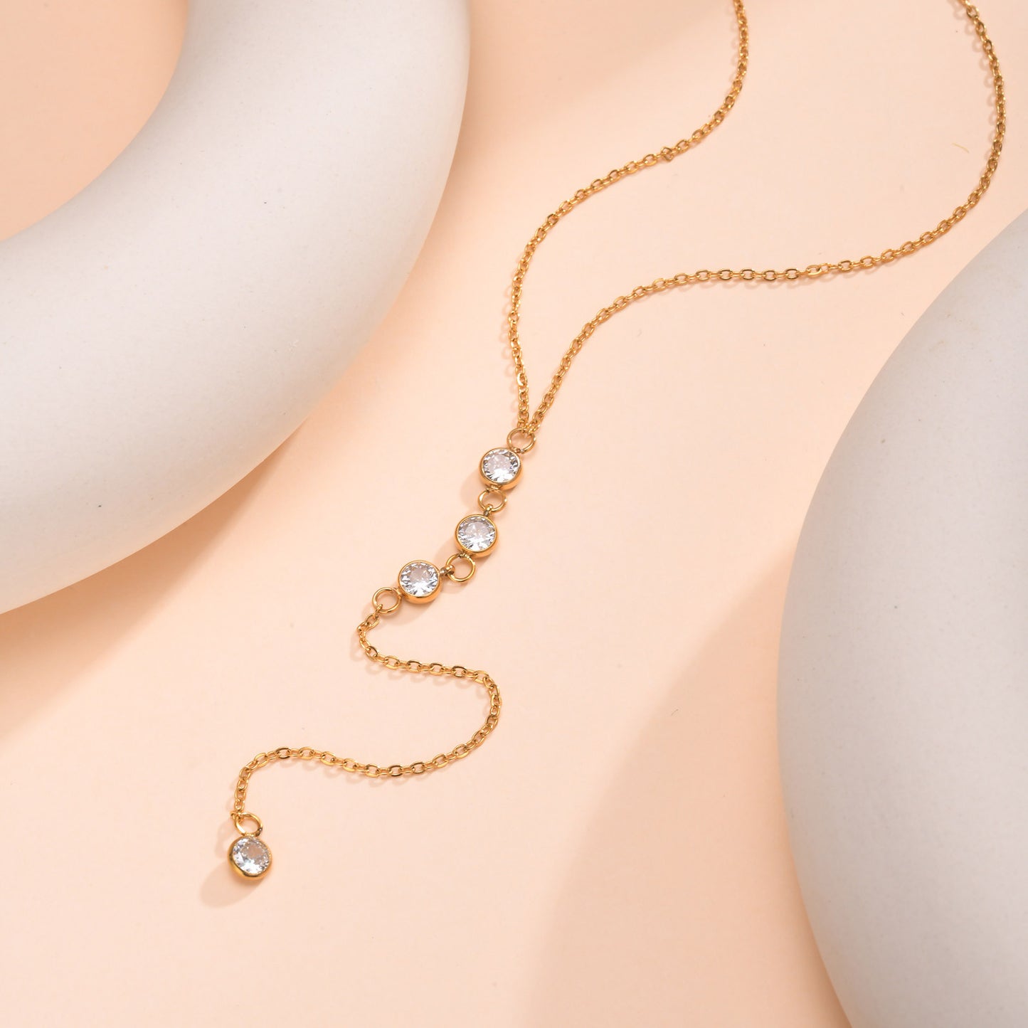 18K Gold Plated Y-Necklace with CZ Crystals - Dainty Stainless Steel Lariat Chain for Women