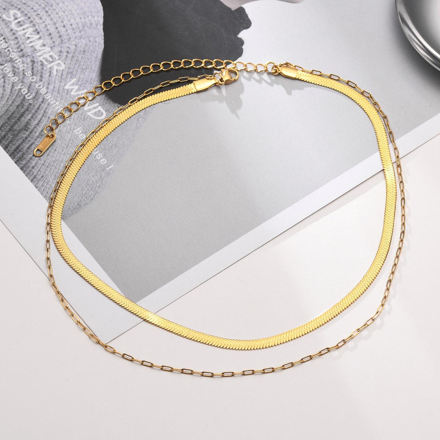Double Layer Herringbone & Paperclip Necklace - Titanium Steel Stackable Choker for Women, Waterproof Minimalist Jewelry