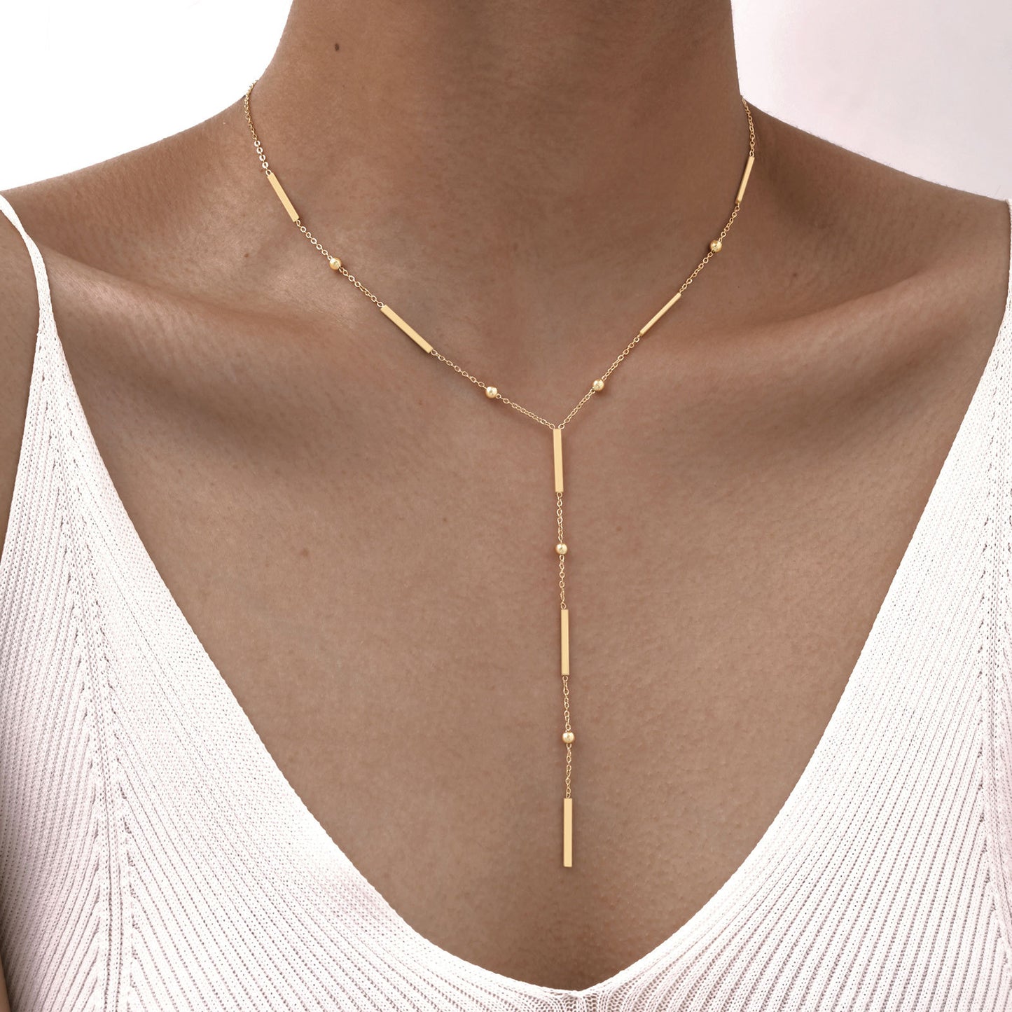 Dainty 18K Gold Lariat Necklace - Stainless Steel Y-Tassel Chain，Hypoallergenic & Waterproof