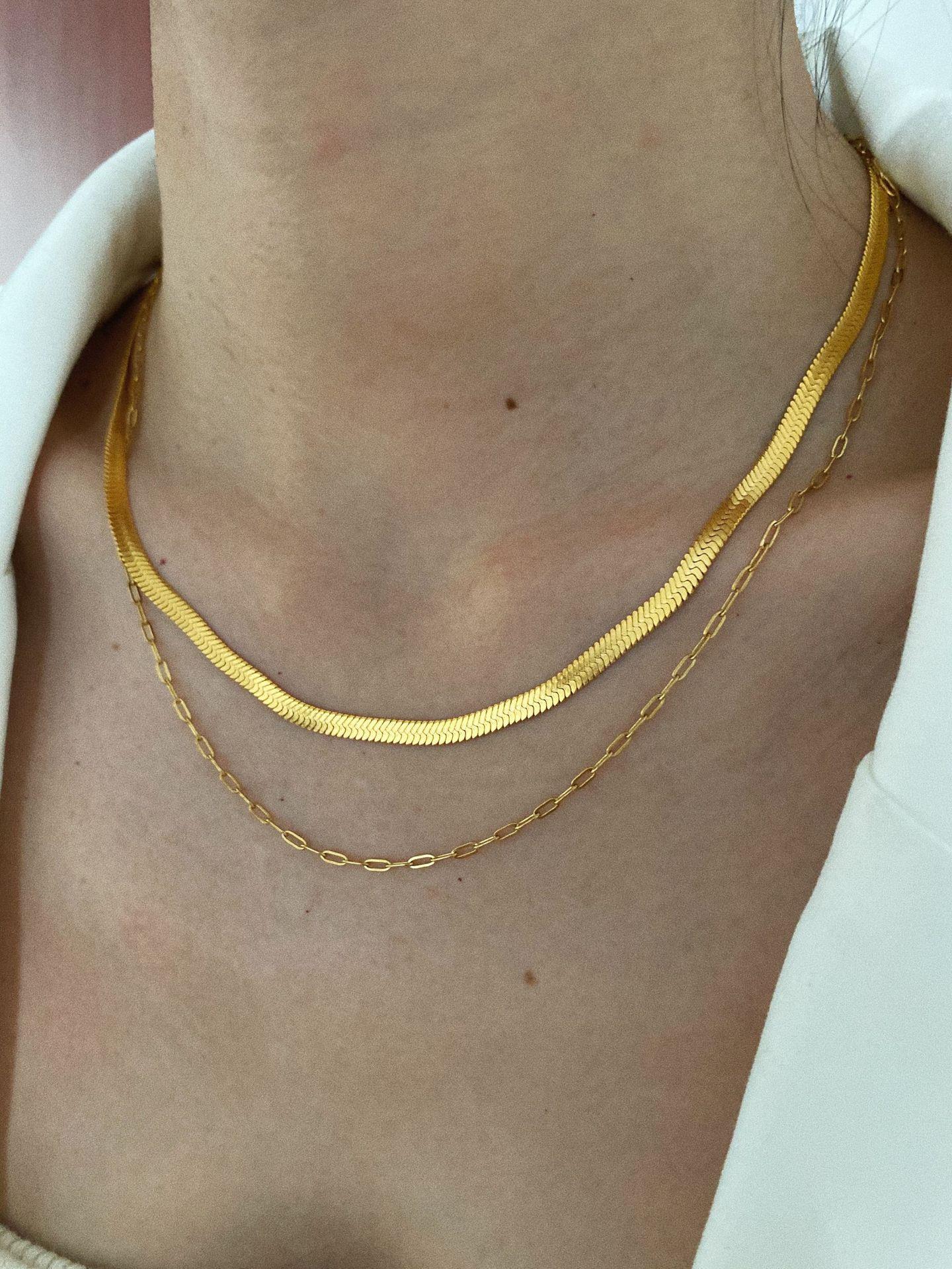 Double Layer Herringbone & Paperclip Necklace - Titanium Steel Stackable Choker for Women, Waterproof Minimalist Jewelry