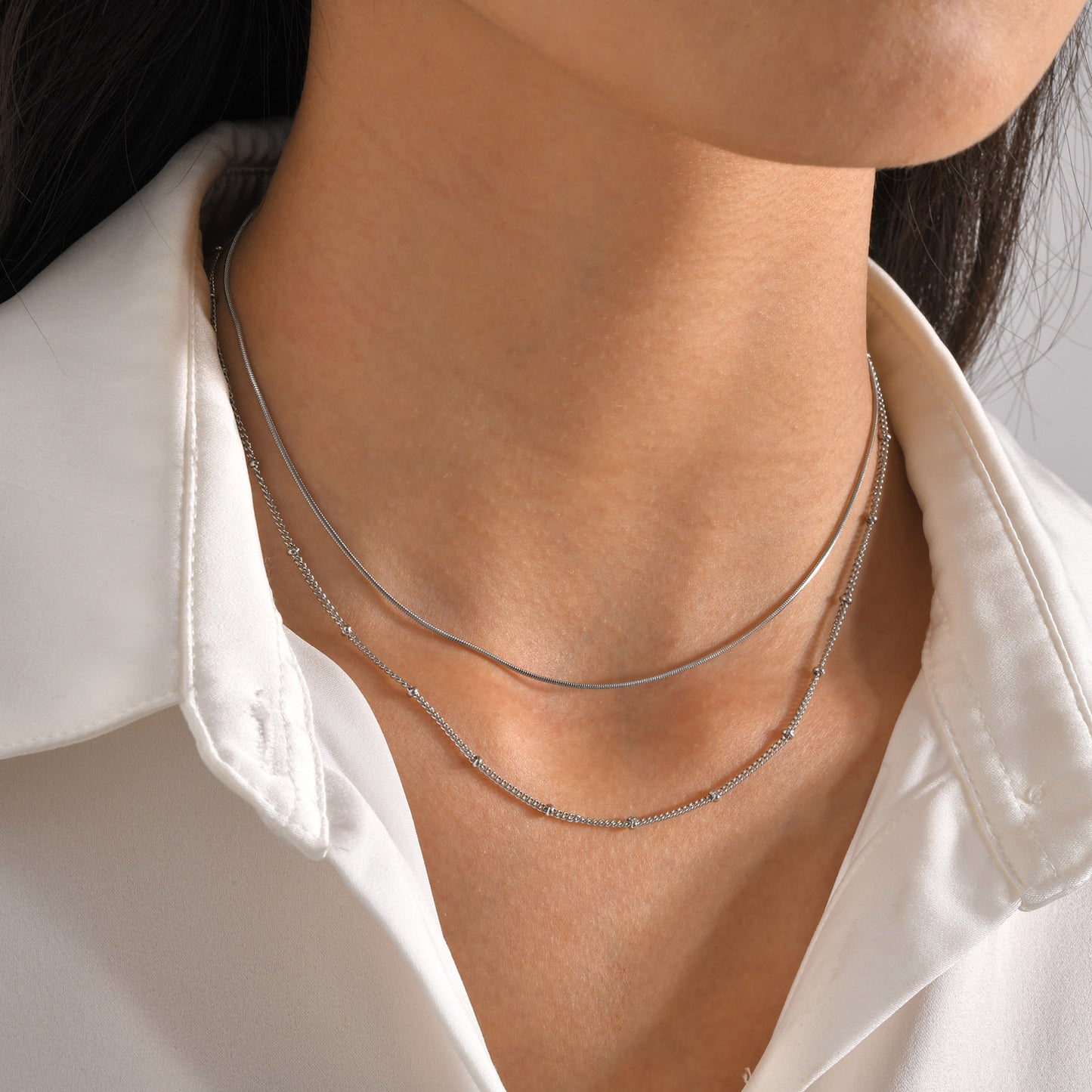 Double Layer Herringbone & Beaded Chain Necklace - Stainless Steel Stackable Choker for Women, Waterproof Minimalist Jewelry