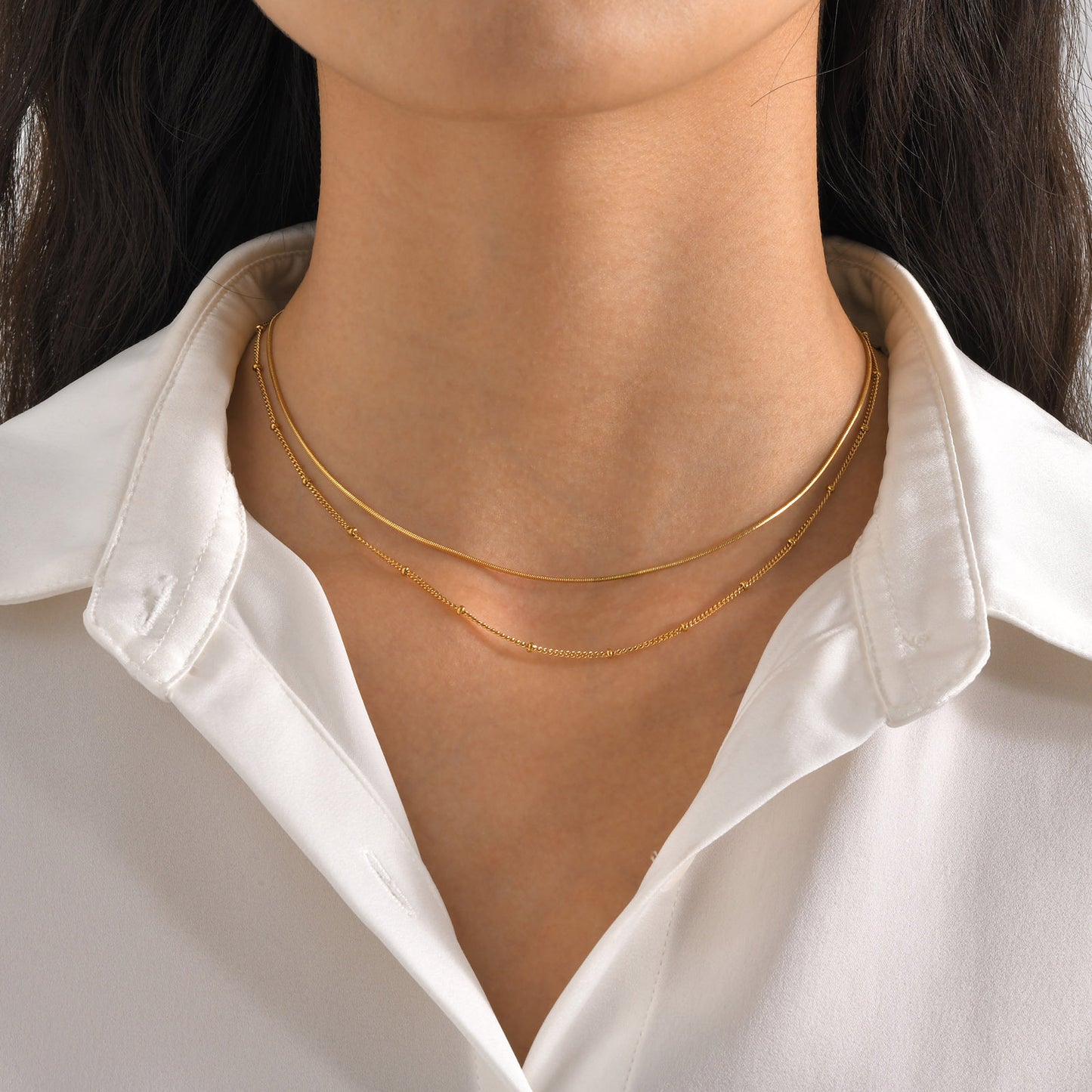 Double Layer Herringbone & Beaded Chain Necklace - Stainless Steel Stackable Choker for Women, Waterproof Minimalist Jewelry