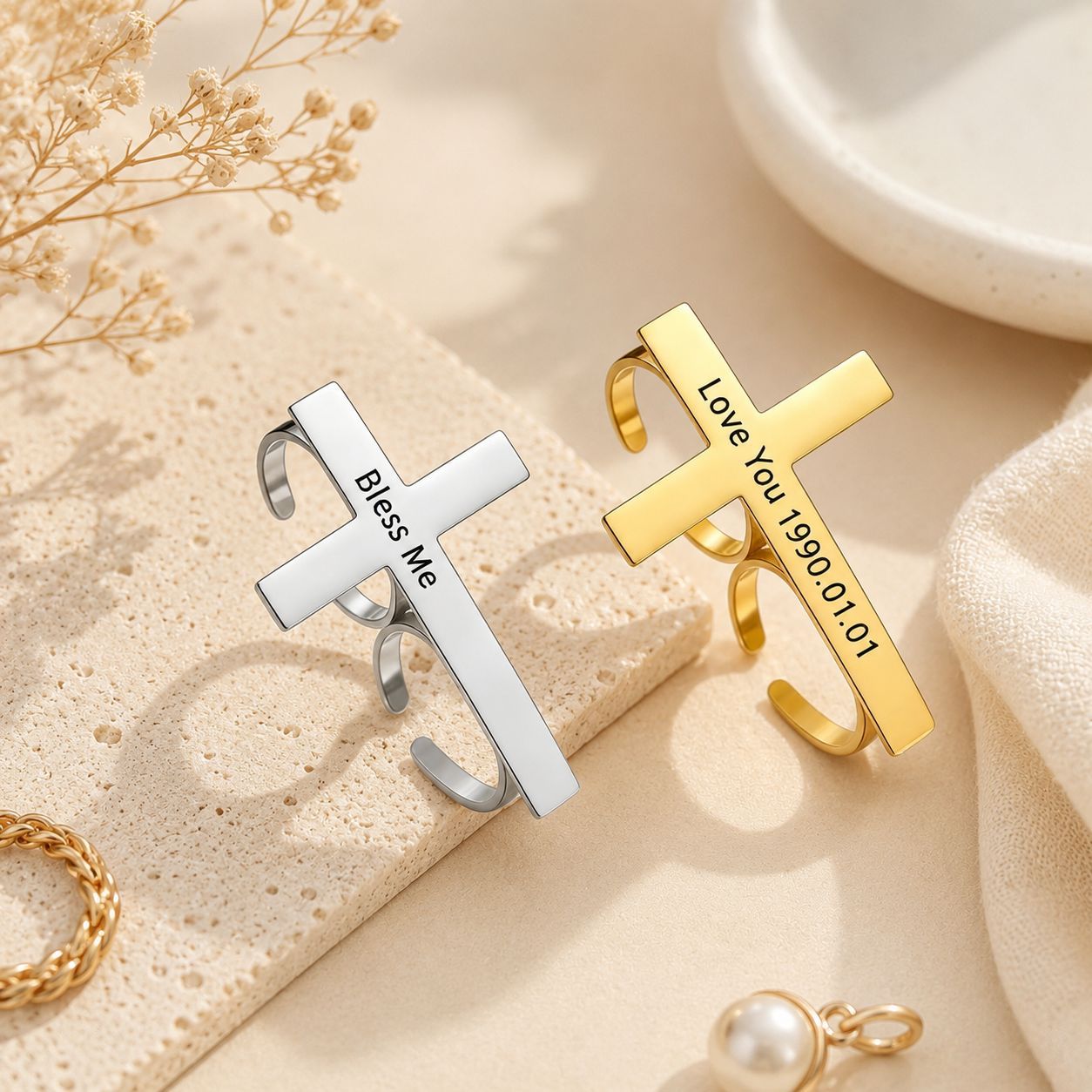 Cross Engraved Name Ring