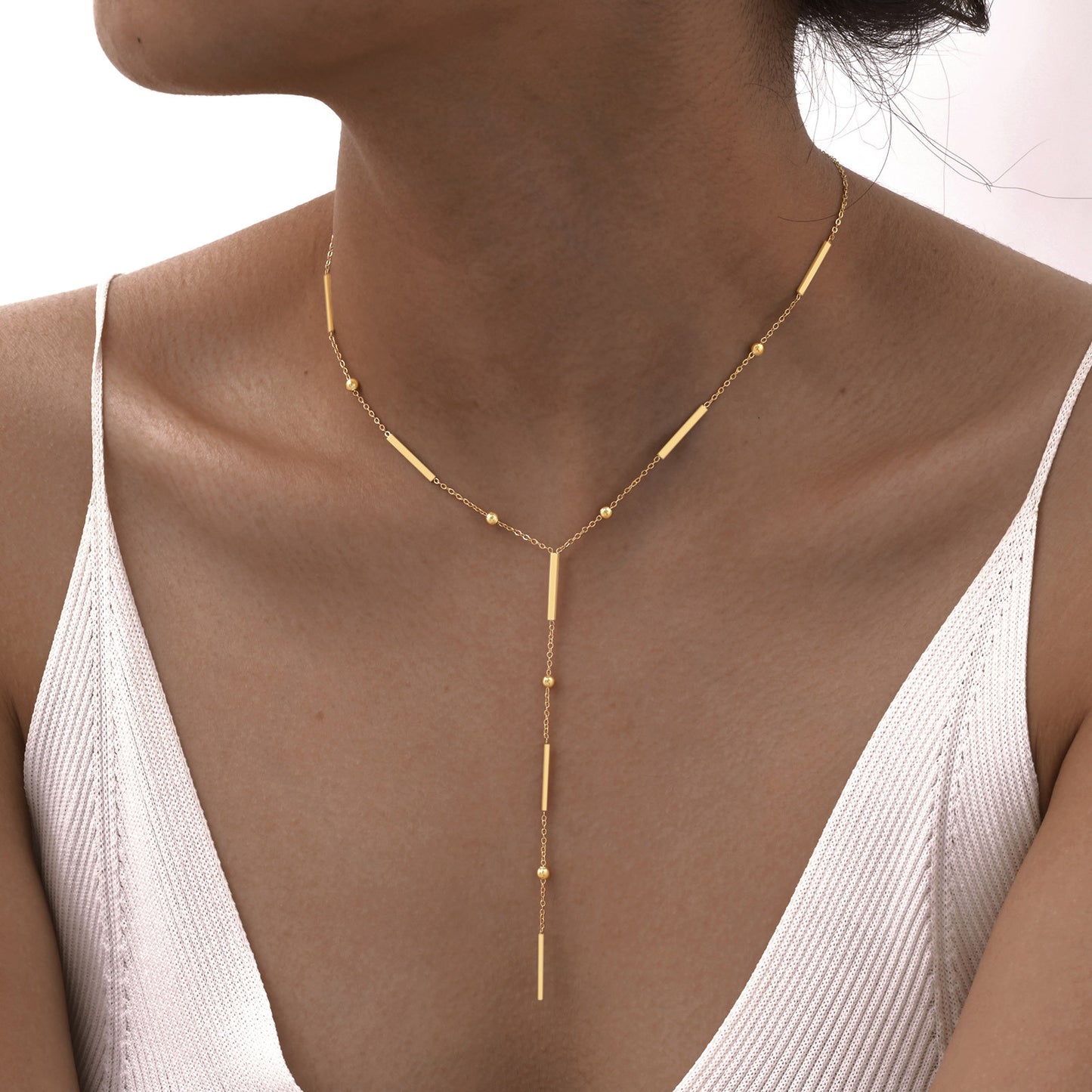 Dainty 18K Gold Lariat Necklace - Stainless Steel Y-Tassel Chain，Hypoallergenic & Waterproof