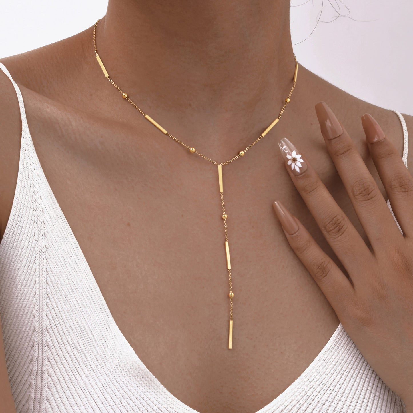 Dainty 18K Gold Lariat Necklace - Stainless Steel Y-Tassel Chain，Hypoallergenic & Waterproof