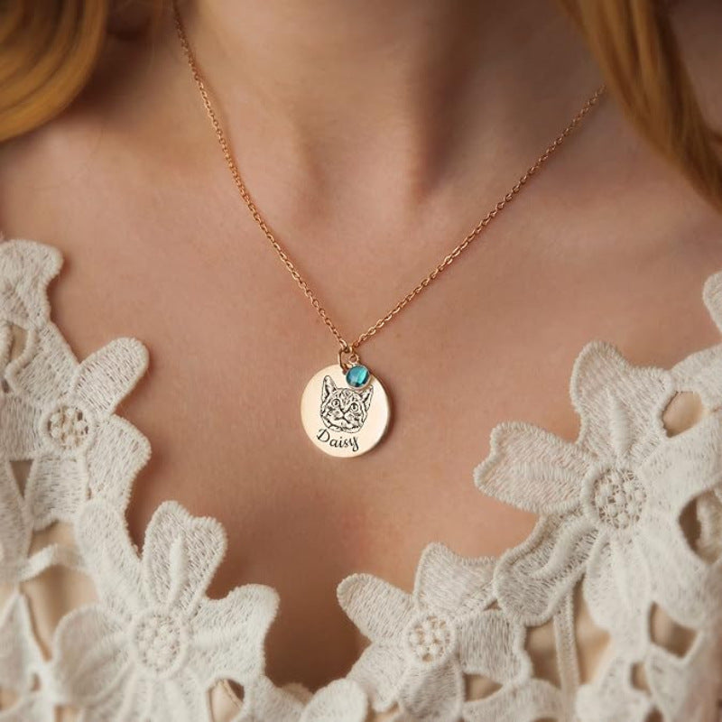 Personalized Pet Portrait  Birthstone Name Necklace