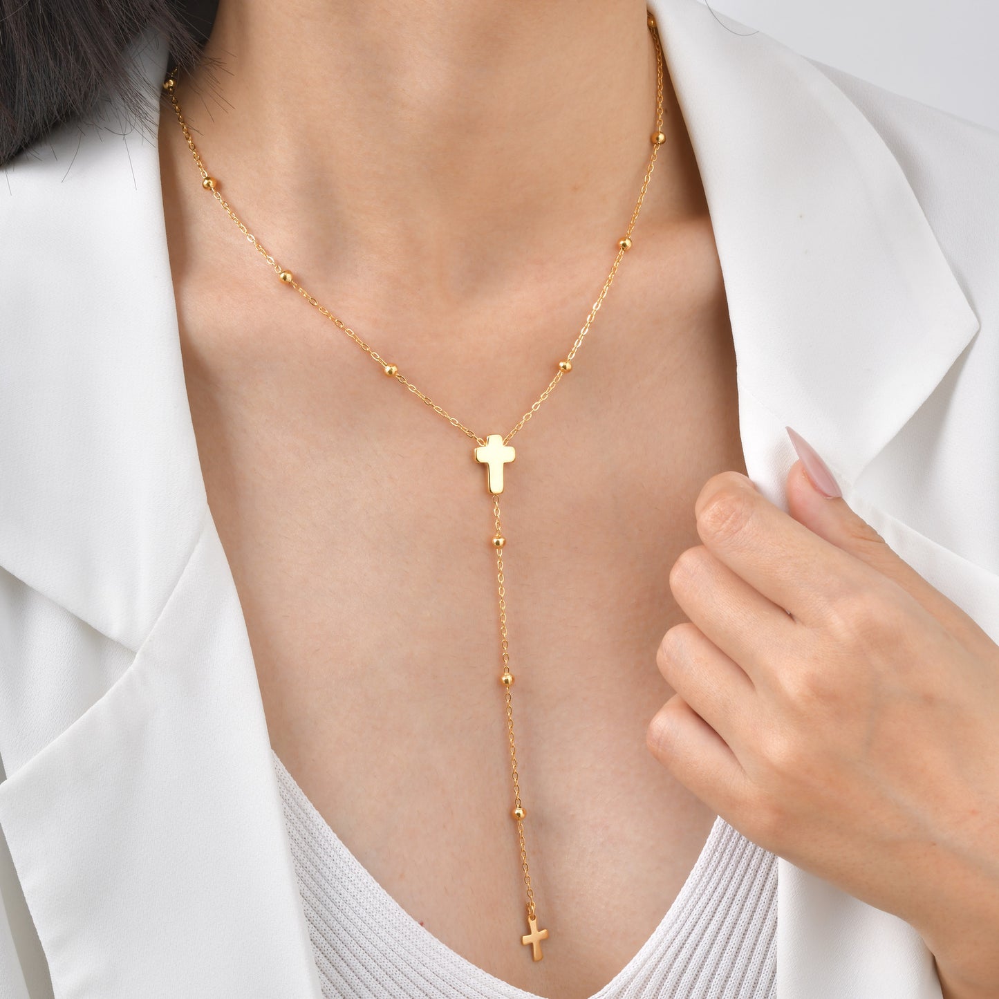 Cross Y Necklace Stainless Steel Beaded Lariat Chain for Women