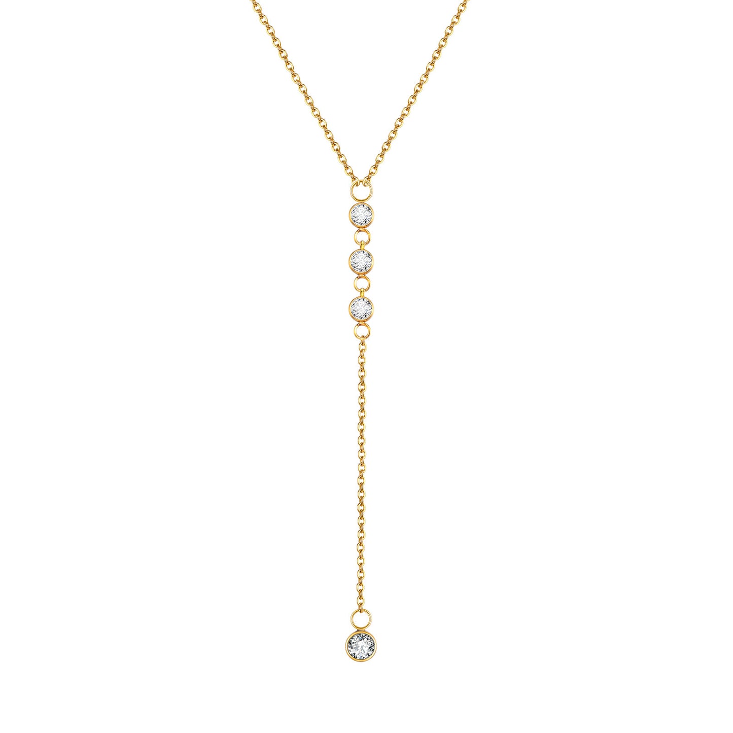 18K Gold Plated Y-Necklace with CZ Crystals - Dainty Stainless Steel Lariat Chain for Women