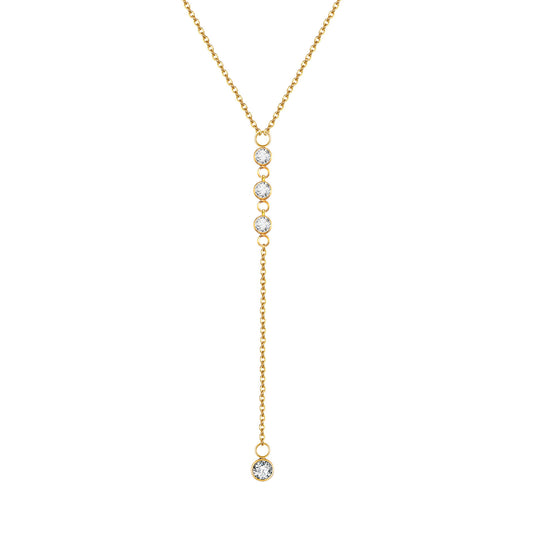 18K Gold Plated Y-Necklace with CZ Crystals - Dainty Stainless Steel Lariat Chain for Women