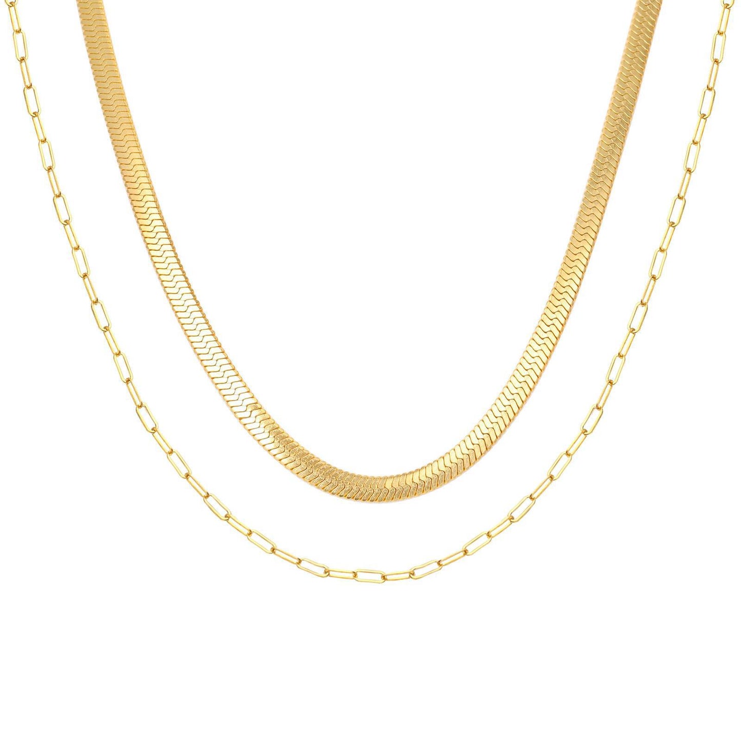 Double Layer Herringbone & Paperclip Necklace - Titanium Steel Stackable Choker for Women, Waterproof Minimalist Jewelry
