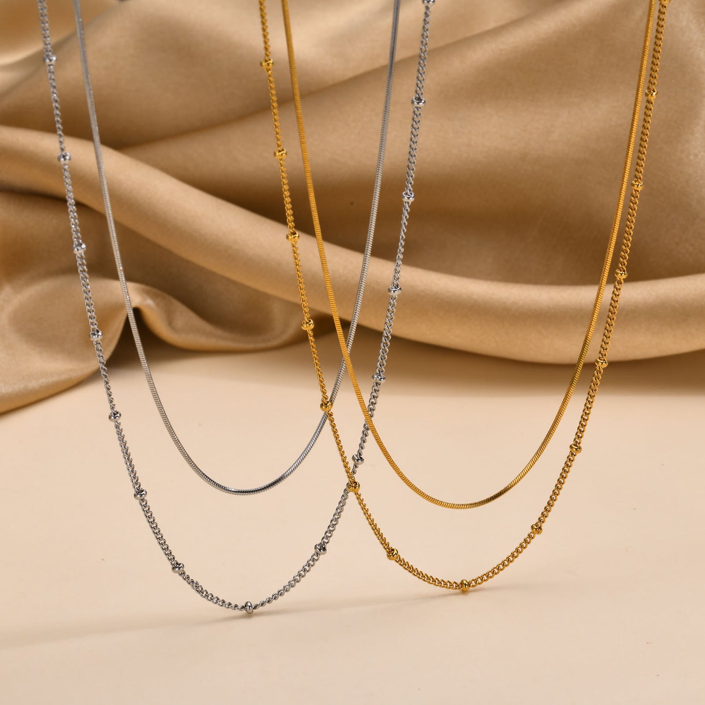 Double Layer Herringbone & Beaded Chain Necklace - Stainless Steel Stackable Choker for Women, Waterproof Minimalist Jewelry
