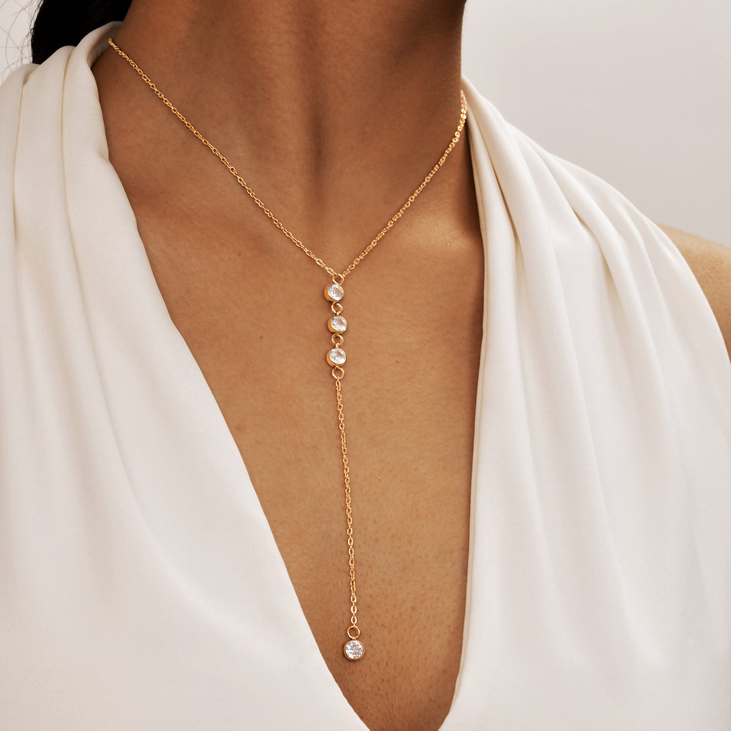 18K Gold Plated Y-Necklace with CZ Crystals - Dainty Stainless Steel Lariat Chain for Women