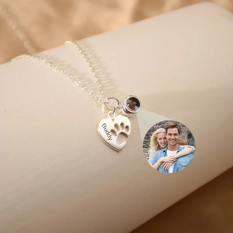Custom Photo Projection Pet Paw Heart Necklace