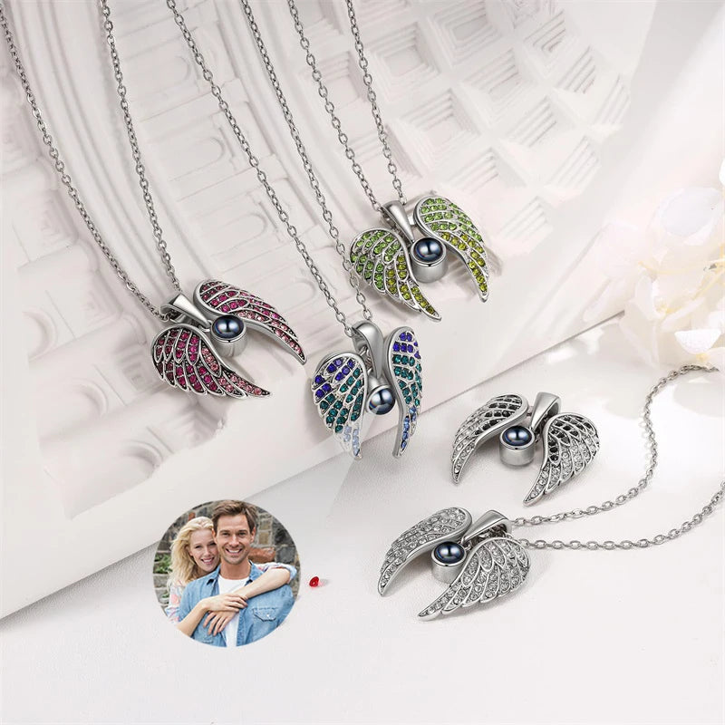 Angel Wings Photo Projection Necklace – Personalized Zircon Pendant