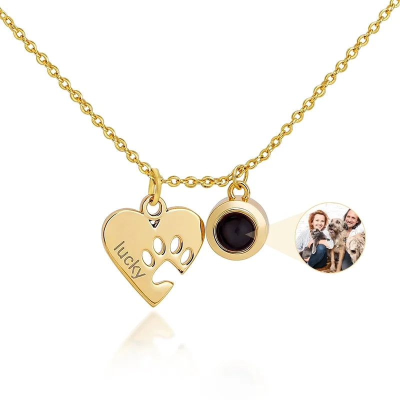 Custom Photo Projection Pet Paw Heart Necklace