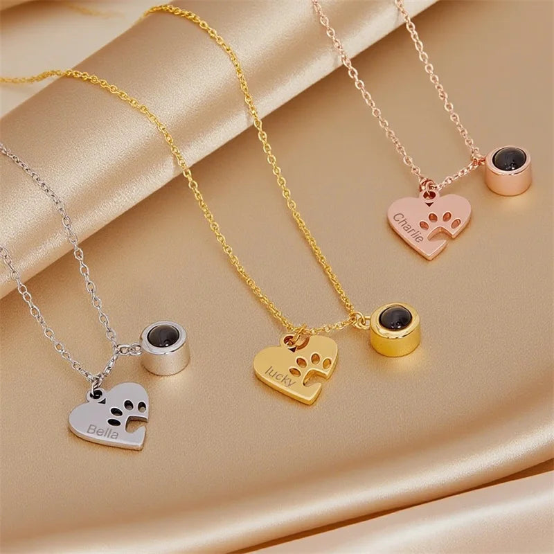 Custom Photo Projection Pet Paw Heart Necklace