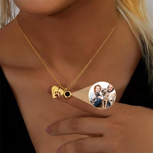 Custom Photo Projection Pet Paw Heart Necklace