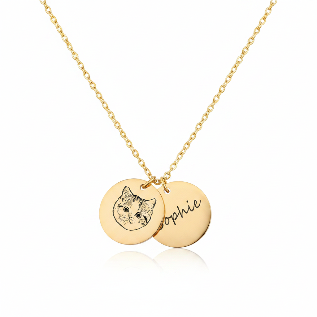 Cat Portrait Coin Necklace White Background