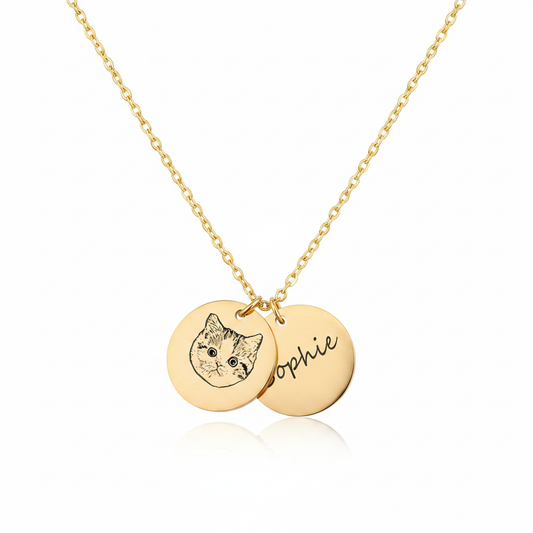 Cat Portrait Coin Necklace White Background